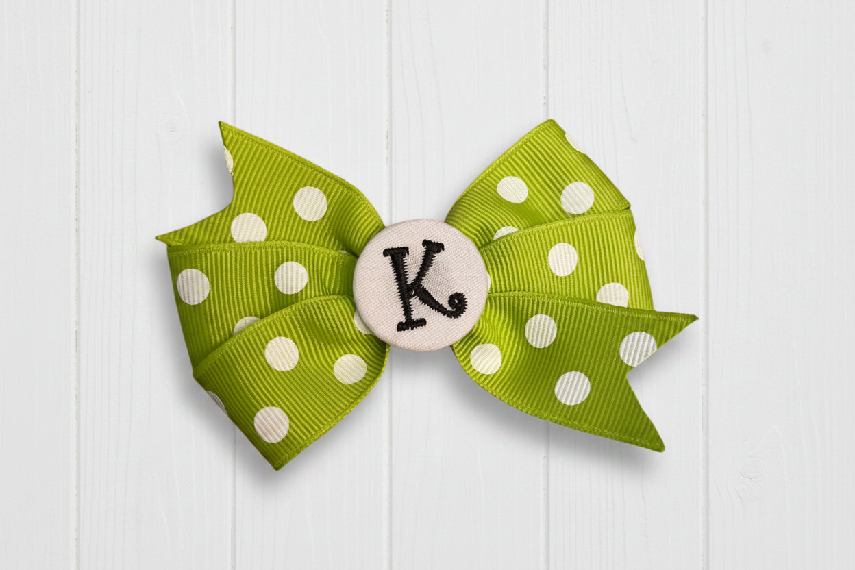 Lime Green/White Small Polka Dot Initial Hair Bows, Clip, Personalized, pinwheel