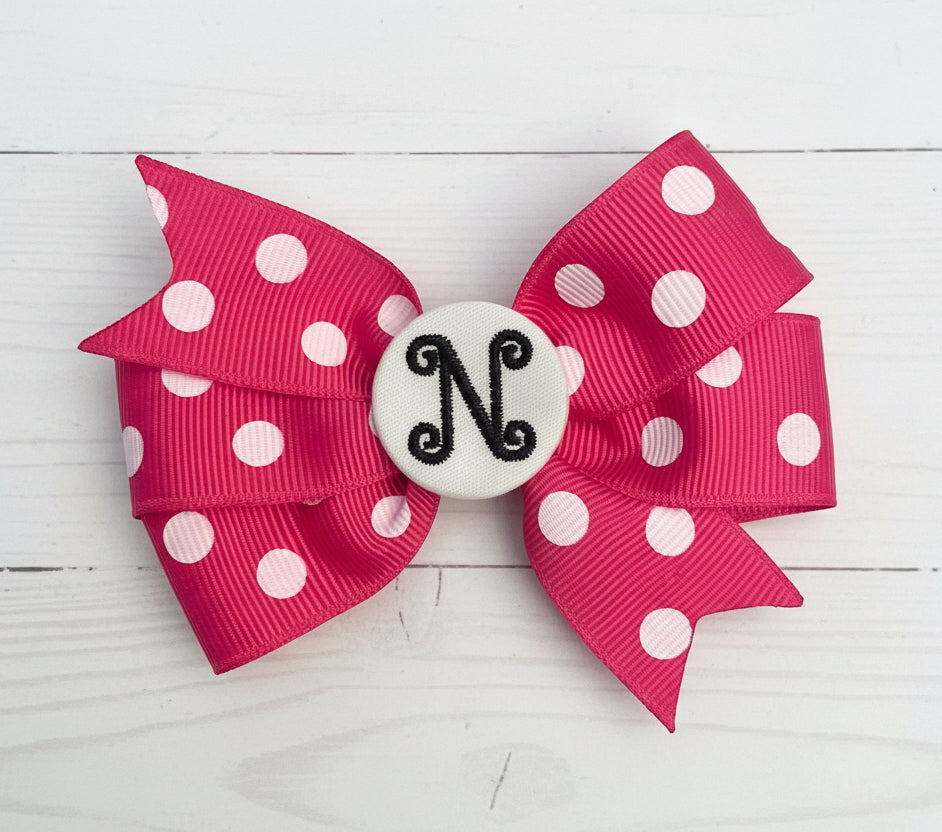 Hot Pink/White Small Polka Dot Initial Hair Bows, Clip, Personalized, pinwheel