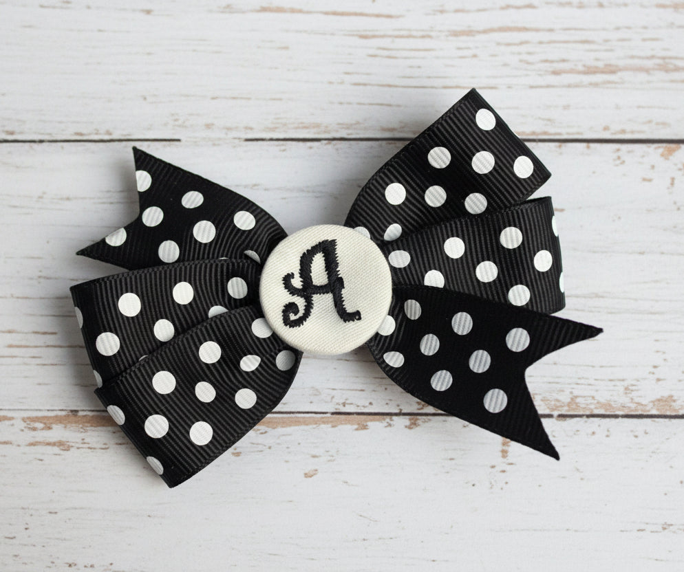 Black/White Small Polka Dot Initial Hair Bows, Clip, Personalized, pinwheel