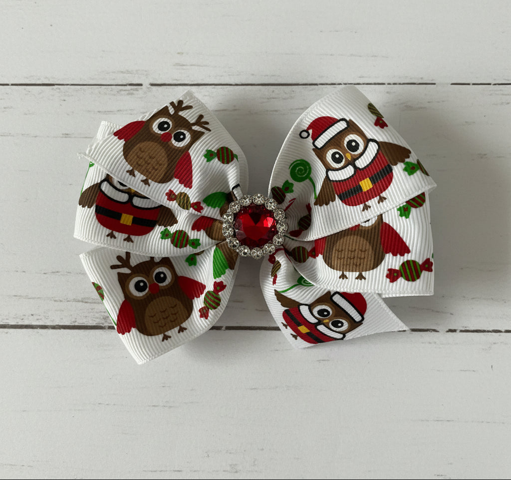 Santa Owl Holiday Hair Bow, kids, clip, Christmas / SALE