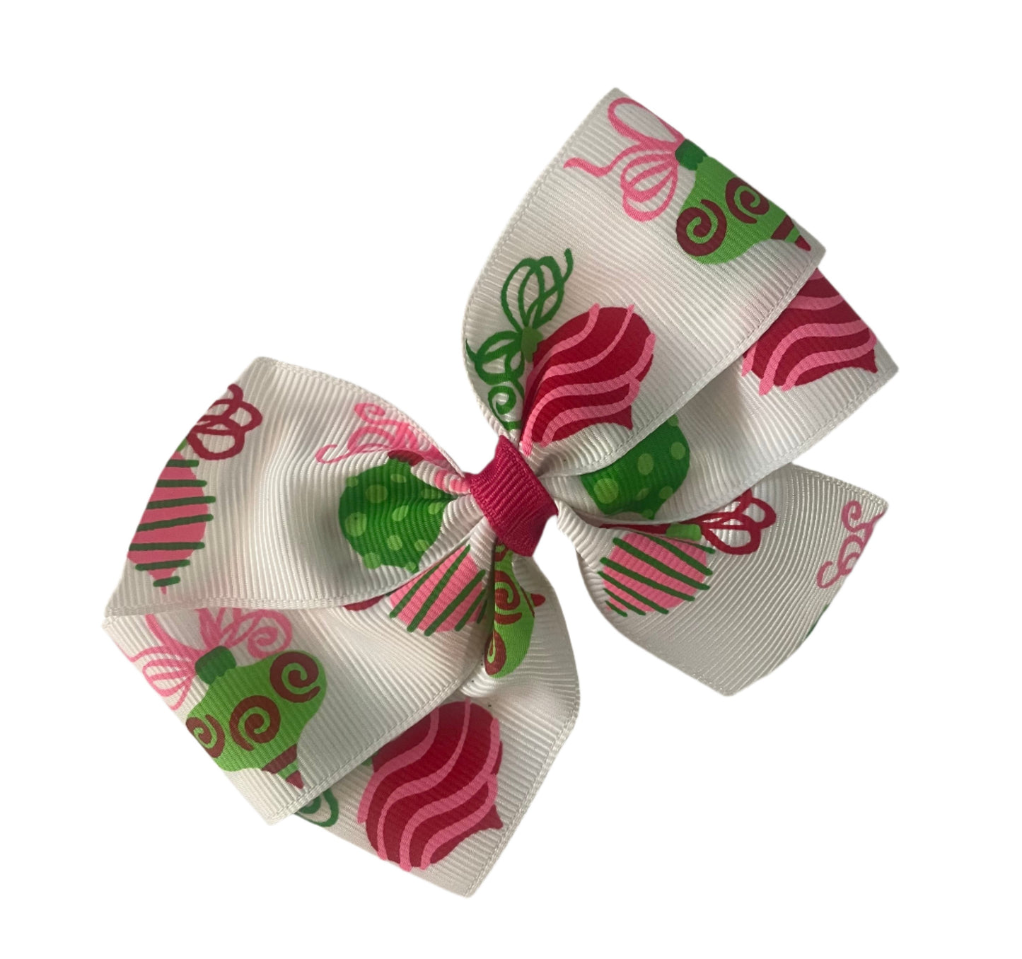 Pink & Green Ornament Hair Bow, girl, holiday, Christmas
