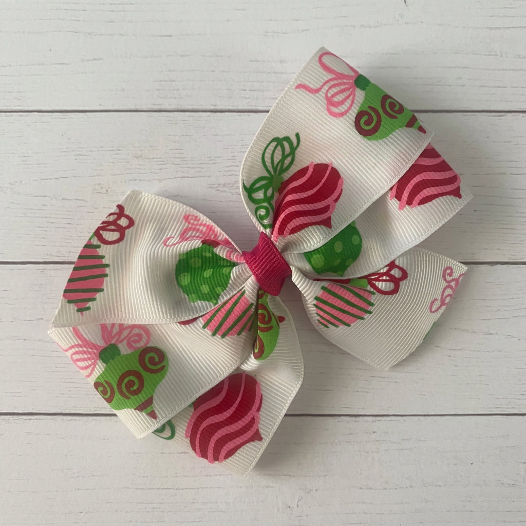 Pink & Green Ornament Hair Bow, girl, holiday, Christmas
