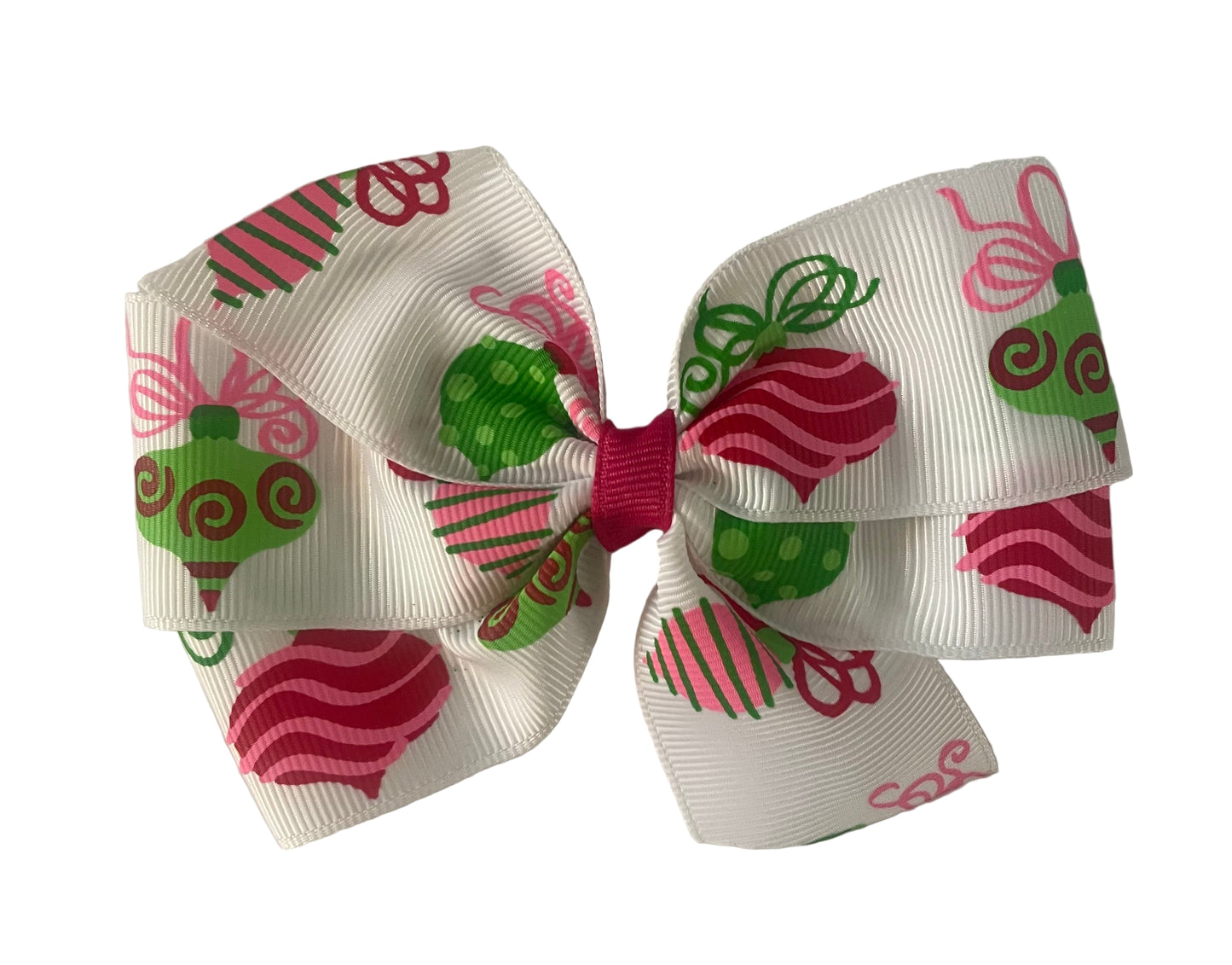 Pink & Green Ornament Hair Bow, girl, holiday, Christmas