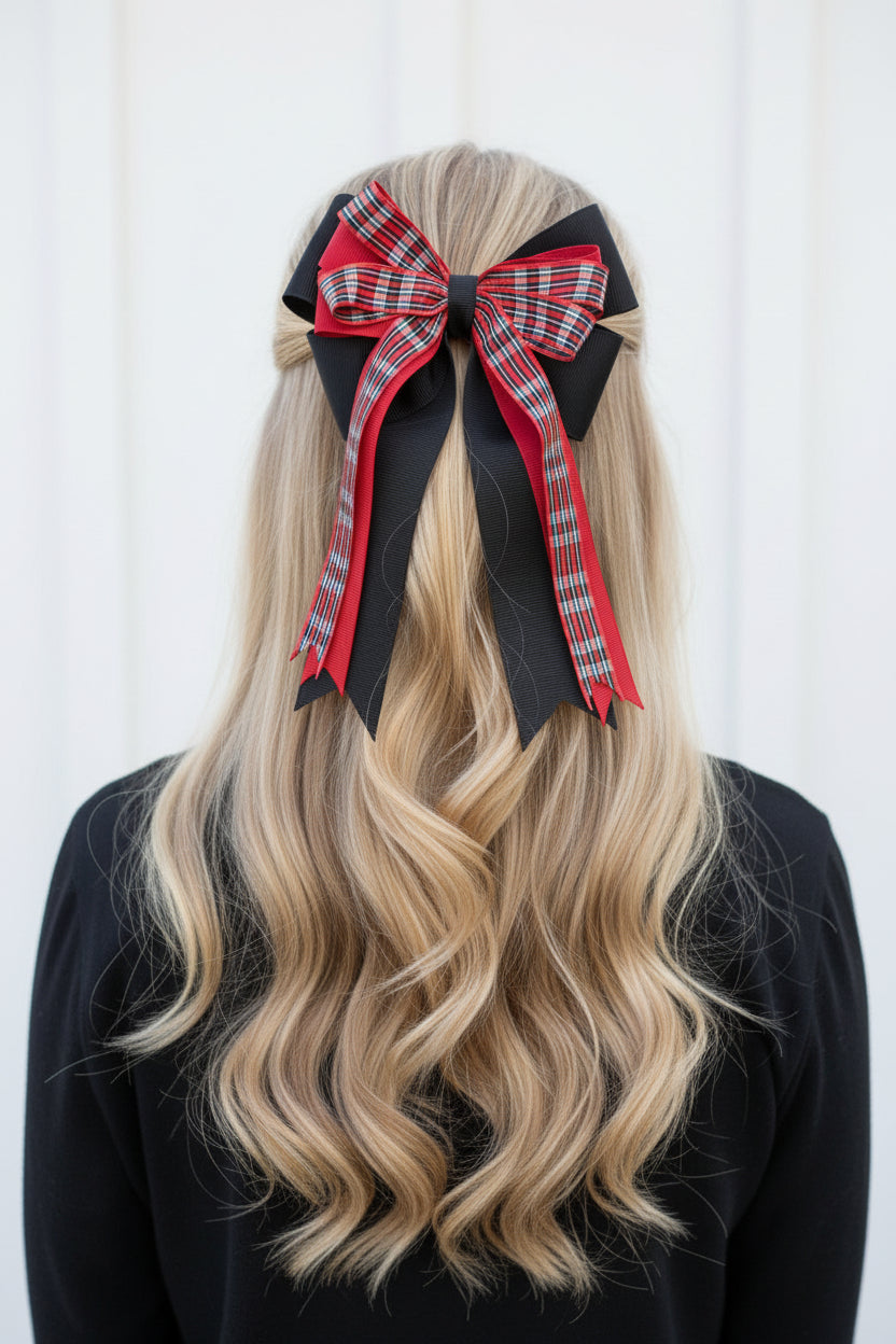 Black Tartan Tail Bow, Red, Black & White, Plaid, equestrian