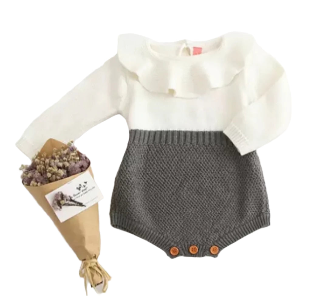 Gray & Cream Knit Collared Romper, girl, baby, holiday, gift, onesie