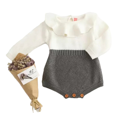 Gray & Cream Ruffle Knit Collared Romper, girl, baby, holiday, gift, onesie