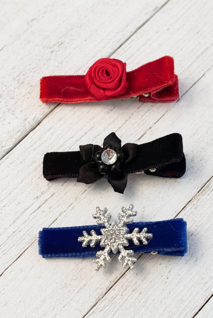 Velvet Clip Set, girl, toddler, holiday, rose, snowflake, Winter