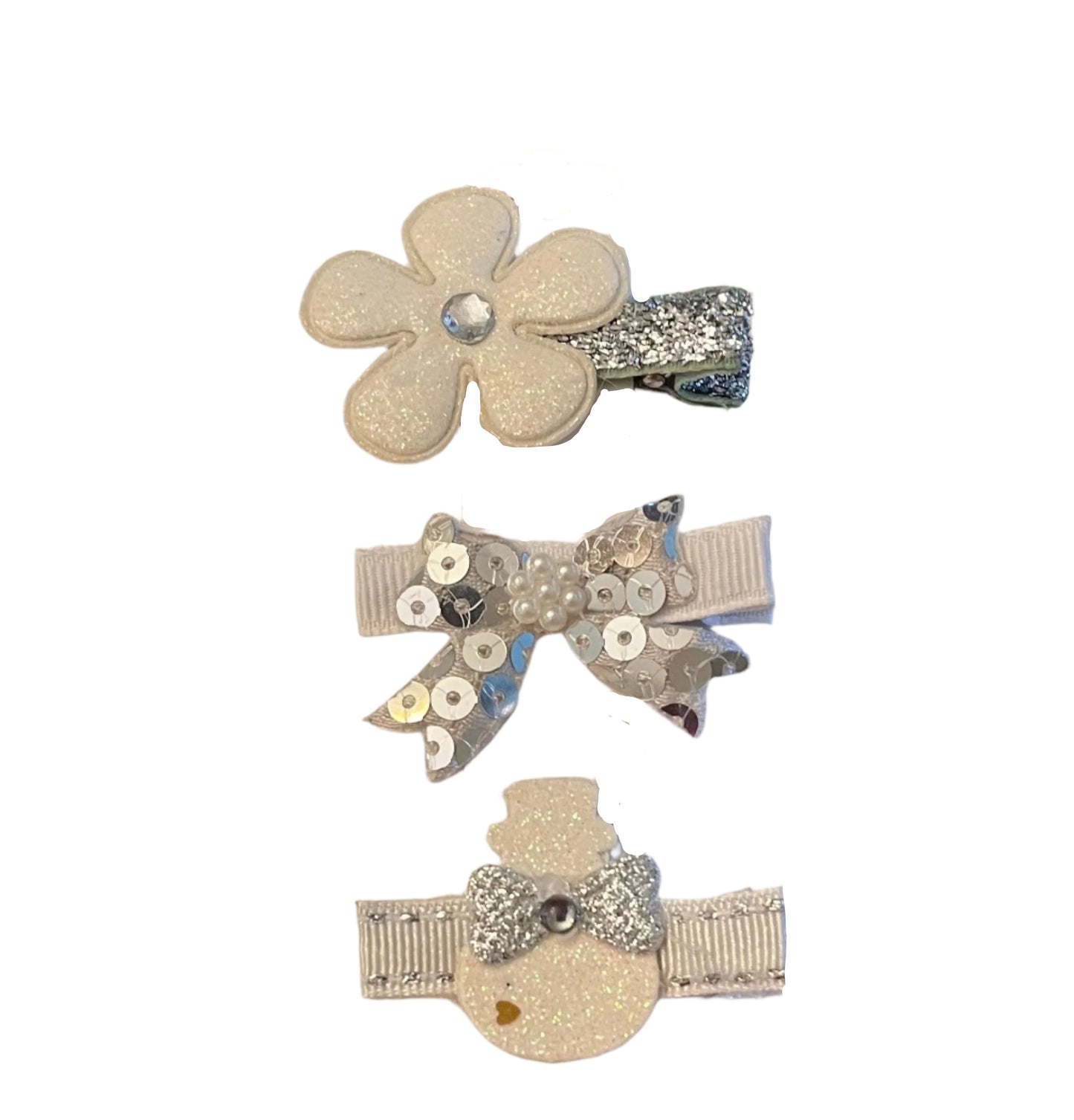 Silver & White Clip Set, girl, toddler, holiday, bow, snowman, Winter