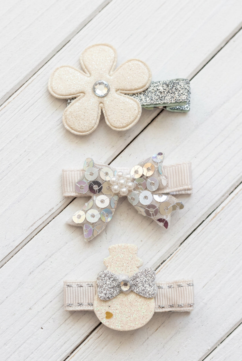 Silver & White Clip Set, girl, toddler, holiday, bow, snowman, Winter