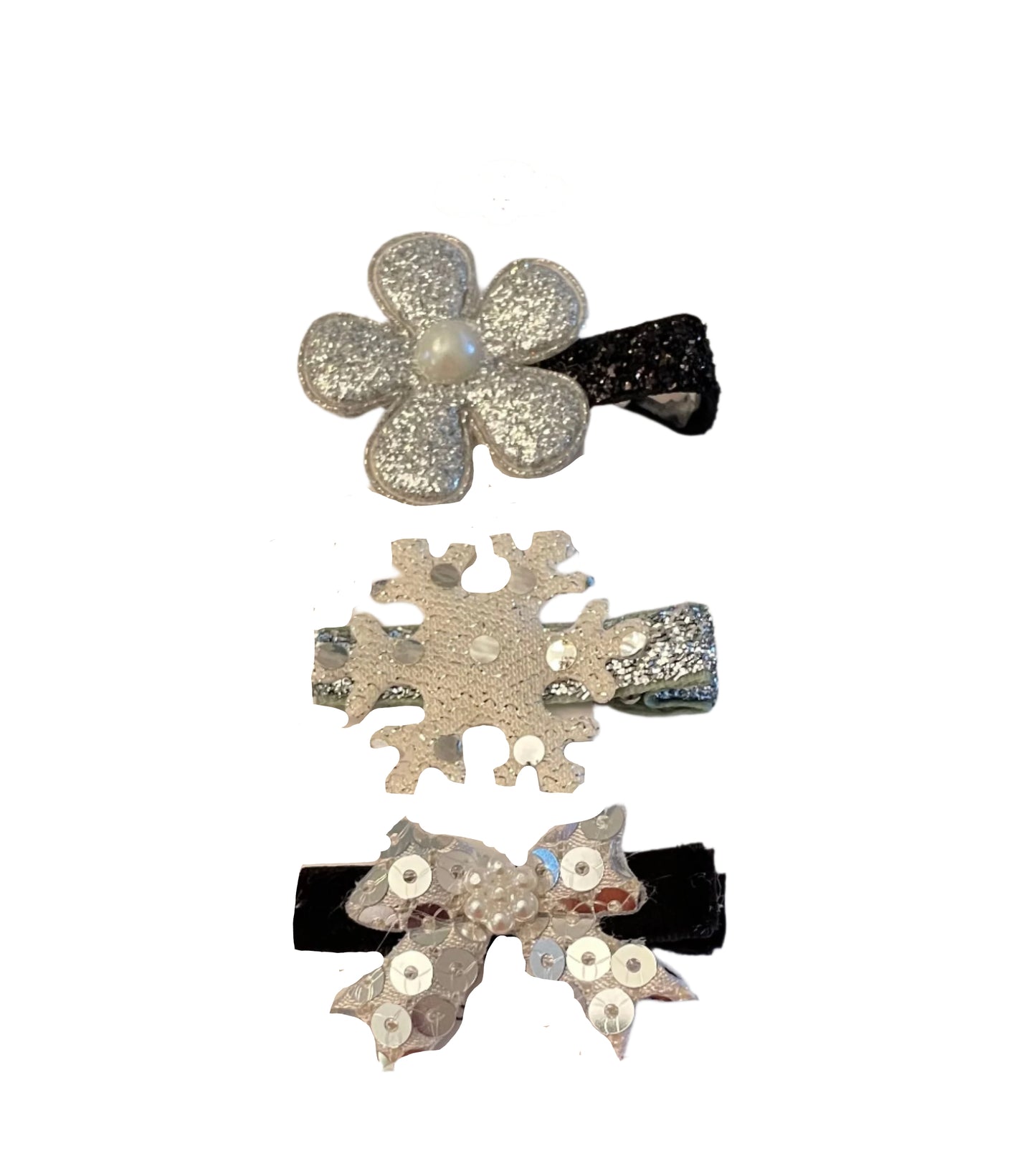 Black & Silver Clip Set, girl, toddler, snowflake, bow, holiday