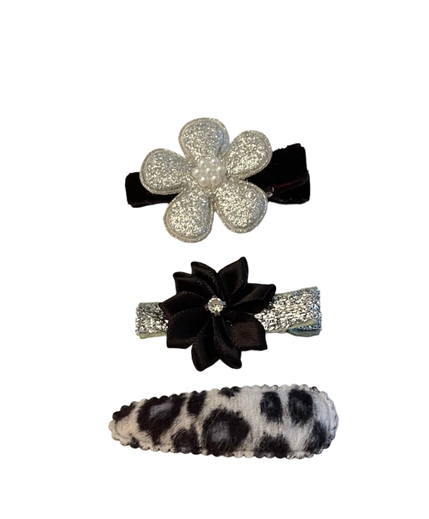 Silver & Black Clip Set, girl, toddler, snowflake, bow, holiday