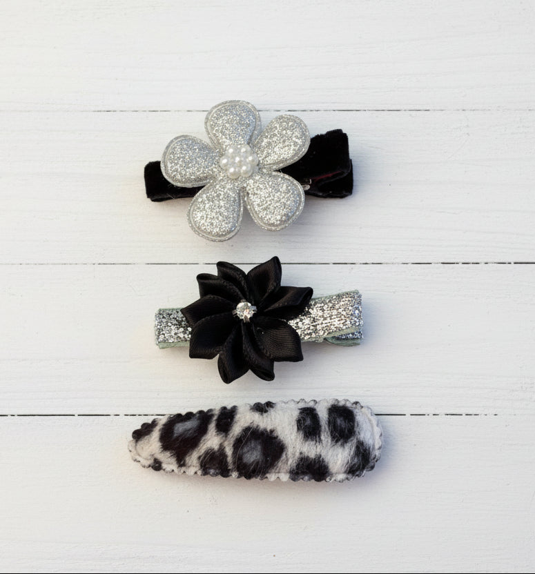 Silver & Black Clip Set, girl, toddler, snowflake, bow, holiday: 1/2 Off Sale