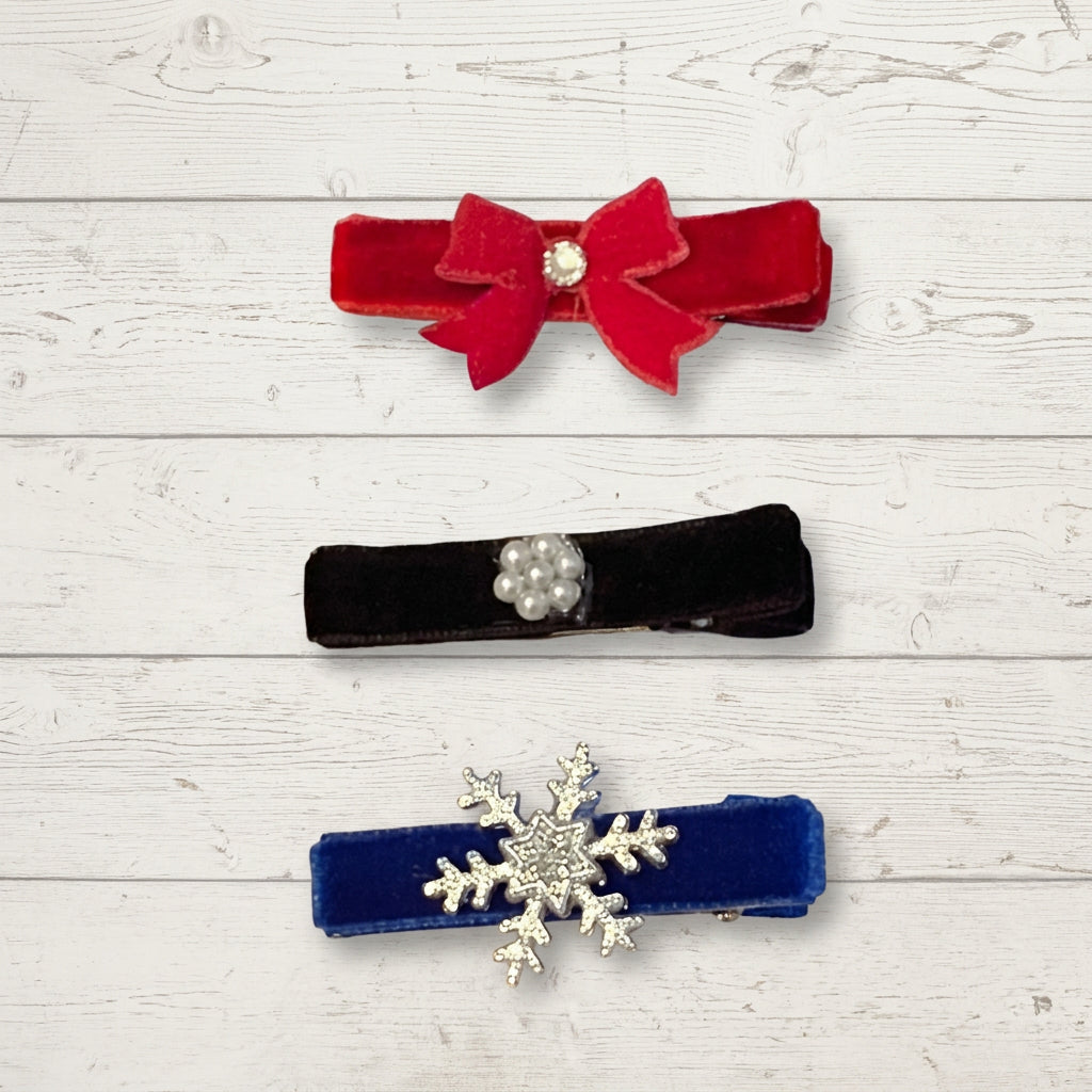 Velvet Clip Set, girl, toddler, holiday, bow, snowflake
