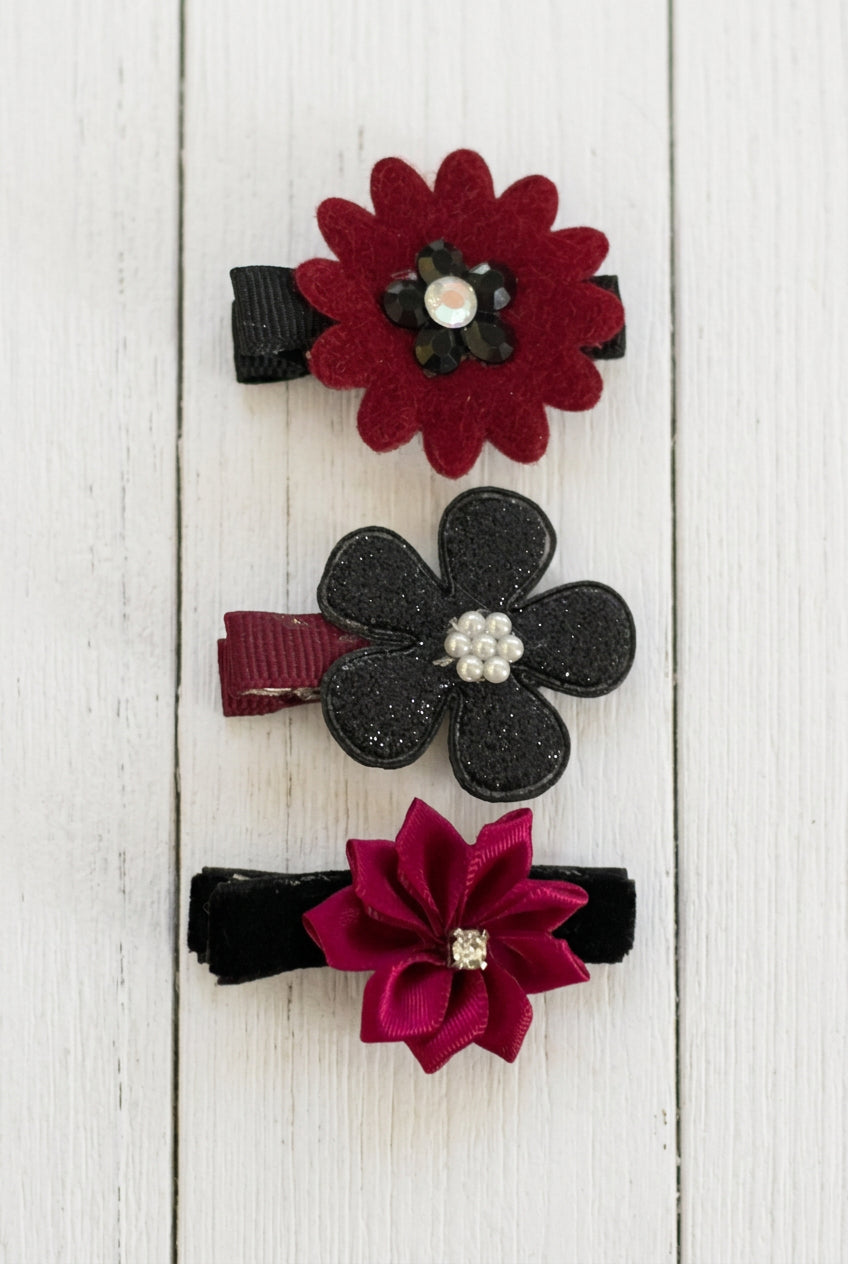 Black & Burgundy Flower Clip Set, girl, toddler, holiday, bow
