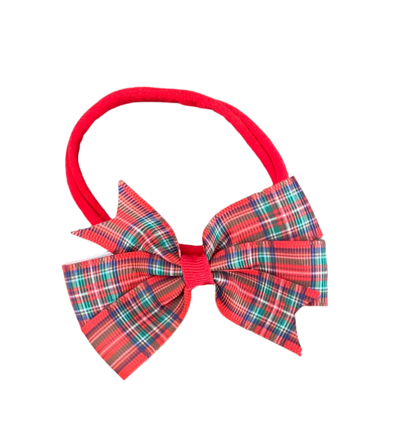 Red Plaid Hair Bow on Headband, girl, holiday, Christmas, stretch, tartan