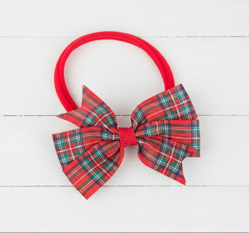 Red Plaid Hair Bow on Headband, girl, holiday, Christmas, stretch, tartan