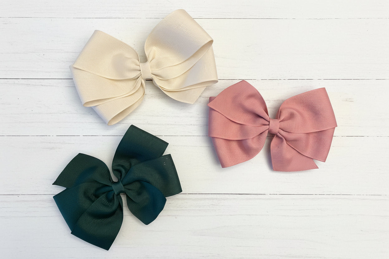 Solid Medium Hair Bows, Emerald, Cream, Rose, Girl, clip, Back to School, holiday