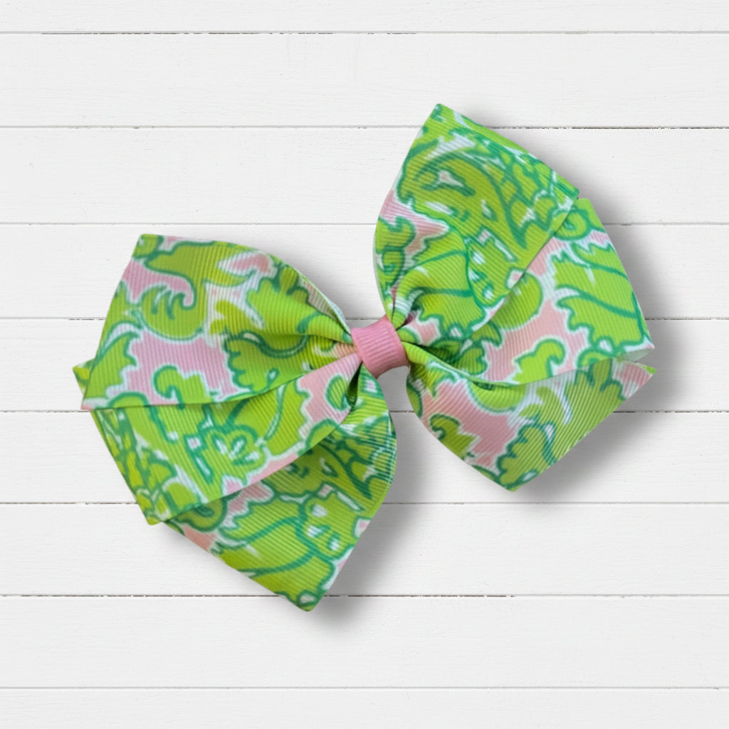 Green & Pink Seaweed Hair Bow, girl, clip, beach, gift, coral