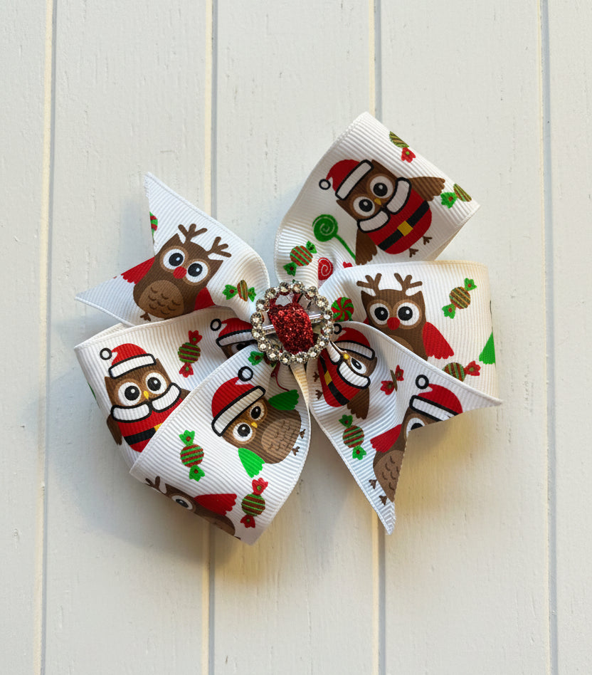 Santa Owl Holiday Hair Bow, kids, clip, Christmas / SALE
