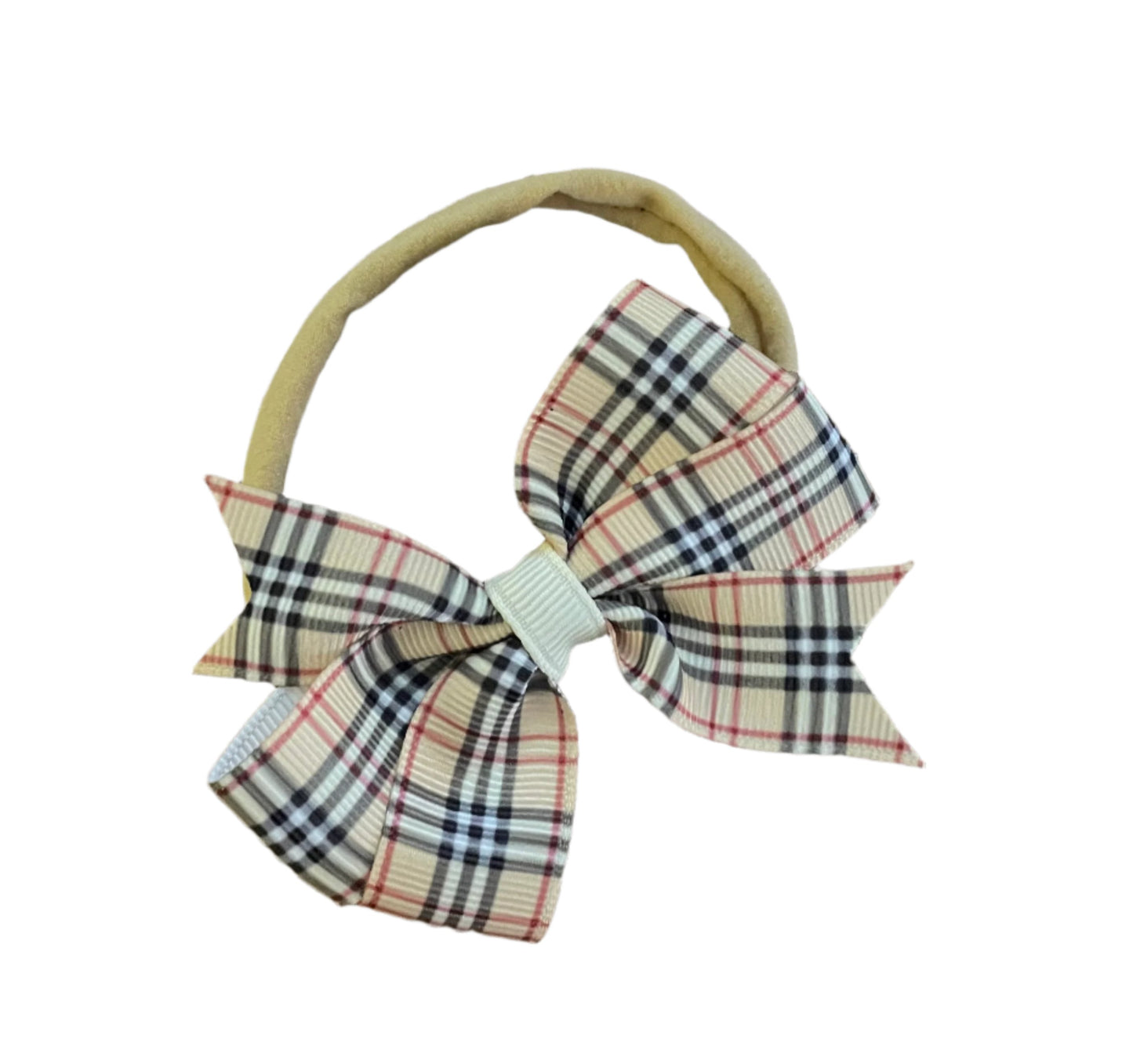 Tan Plaid Hair Bow on Nylon Headband, girl, holiday, tartan, stretch, preppy