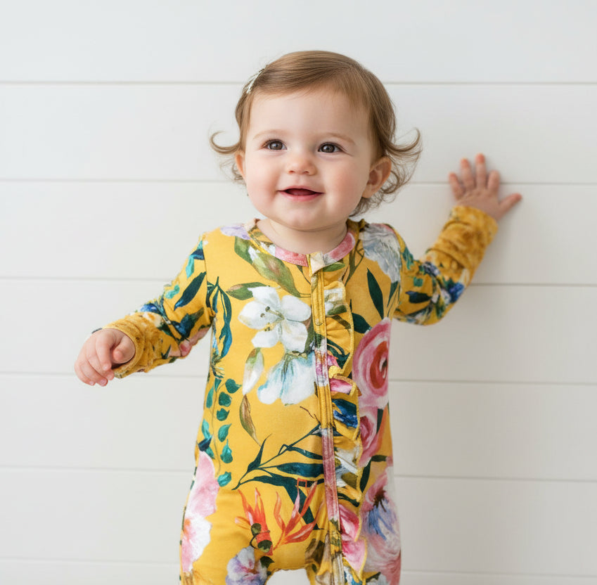 Yellow Ruffle Romper w/Pink & White Roses, Toddler, Infant