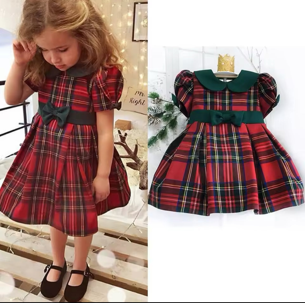 Red Tartan Plaid Collar Dress w/Green Trim, Girl's, Toddler, kids, holiday / DAY 12 of 12 Days