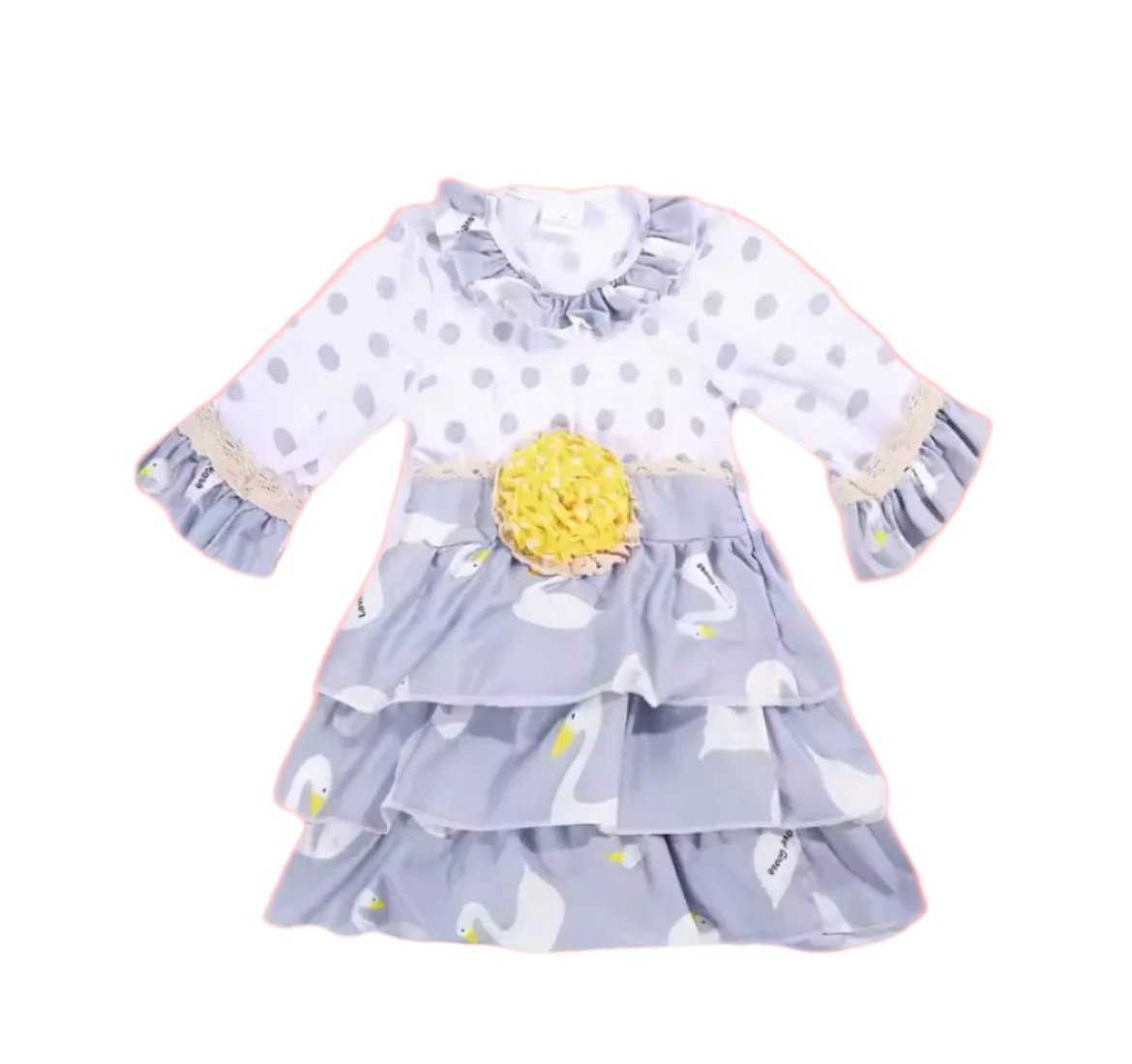 Gray Ruffle Swan & Dots Boutique Dress, girl, clothing, toddler