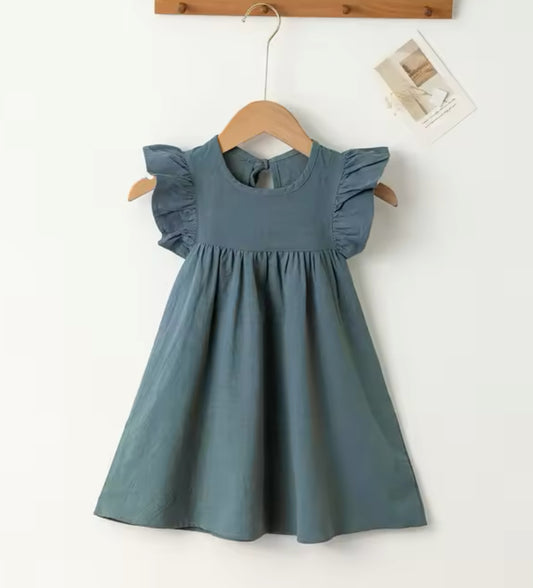 Deep Teal Cotton Flutter Sleeve Dress, girl, kids, Back to School, party