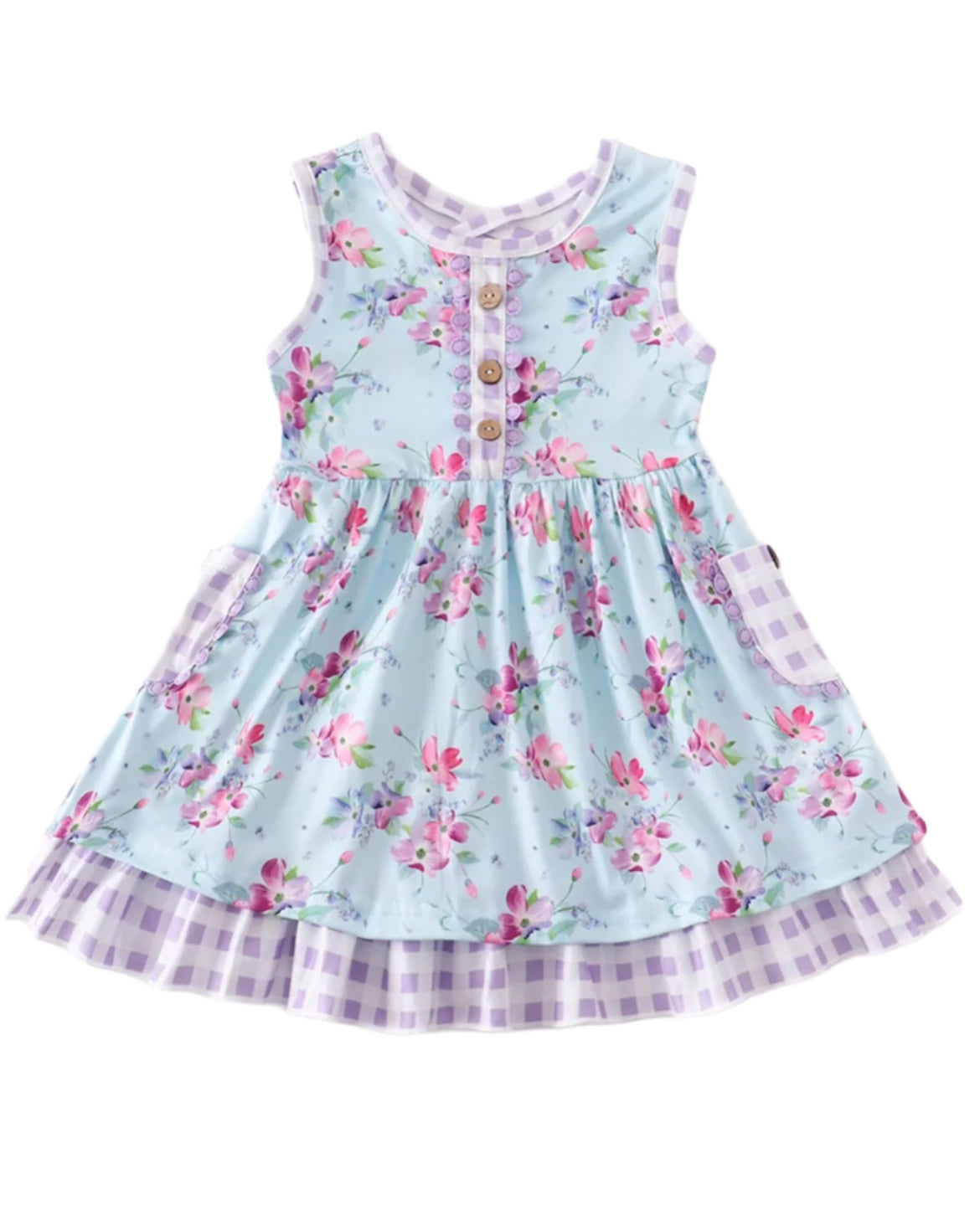 Blue & Lavender Sleeveless Floral & Check Twirl Dress, Milk Silk, girl's