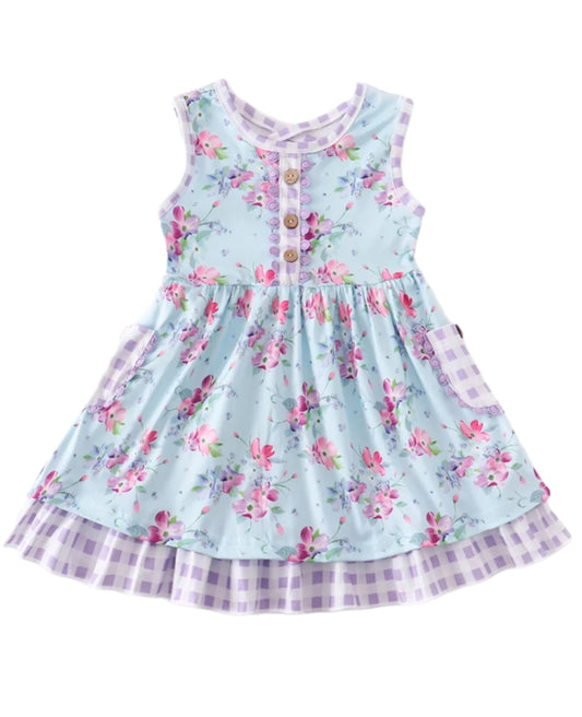 Blue & Lavender Sleeveless Floral & Check Twirl Dress, Milk Silk, girl's