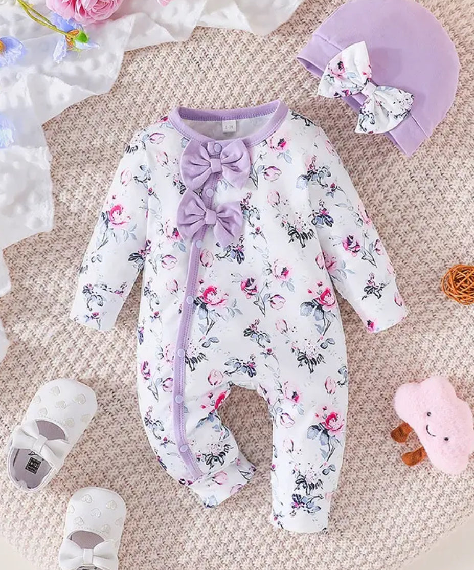 Purple Flower Romper w/Bows & Hat, Baby, Infant