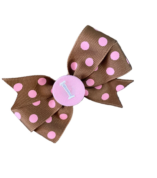 Brown/Pink Small Polka Dot Initial Hair Bows, Clip, Personalized, pinwheel