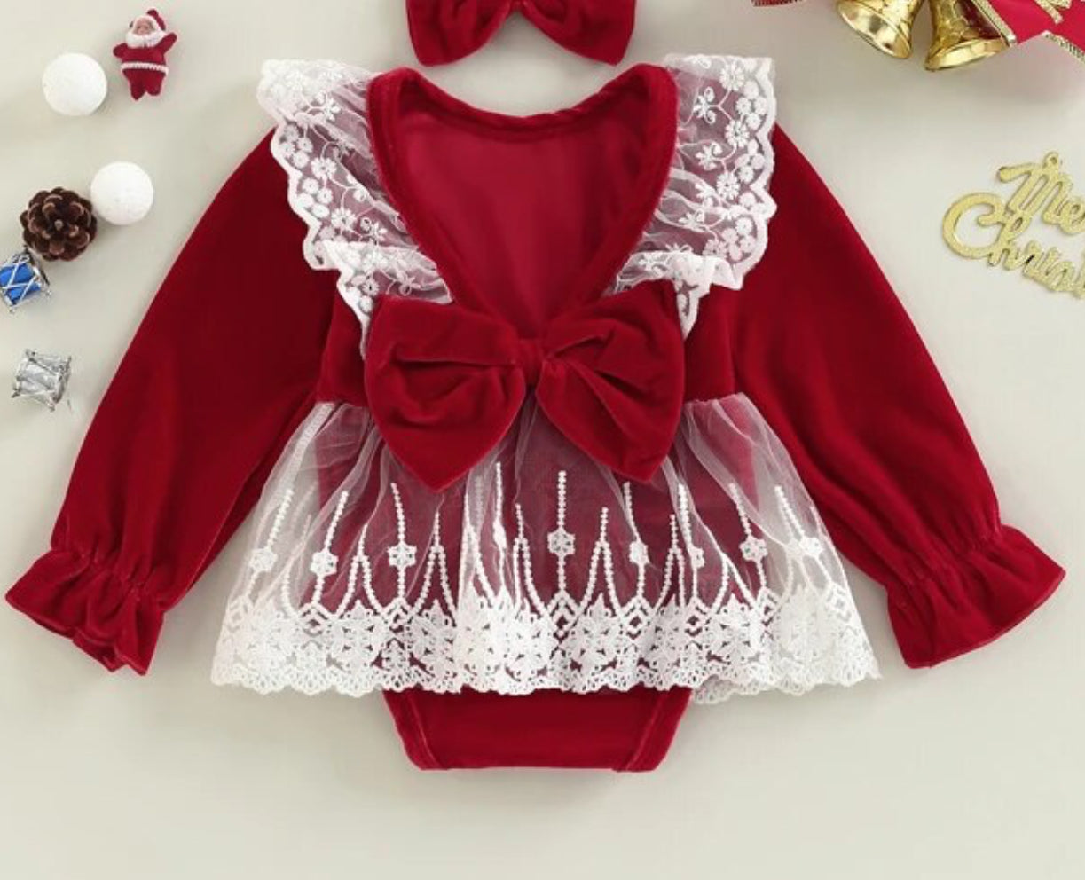 Red Velour Romper, baby, girl, holiday, gift