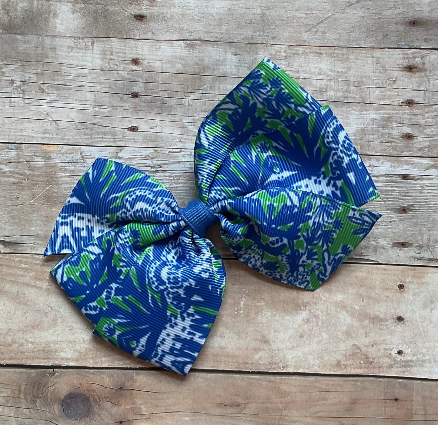 Blue & Green Coral Preppy Hair Bow, Big Fan