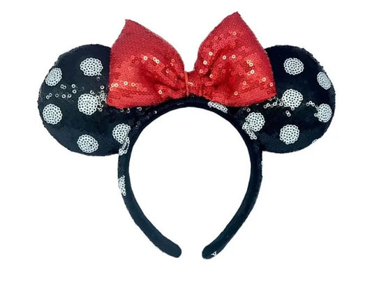 Polka Dot Sequin Mouse Ears Headband w/Red Bow, Vacation, kids, adult