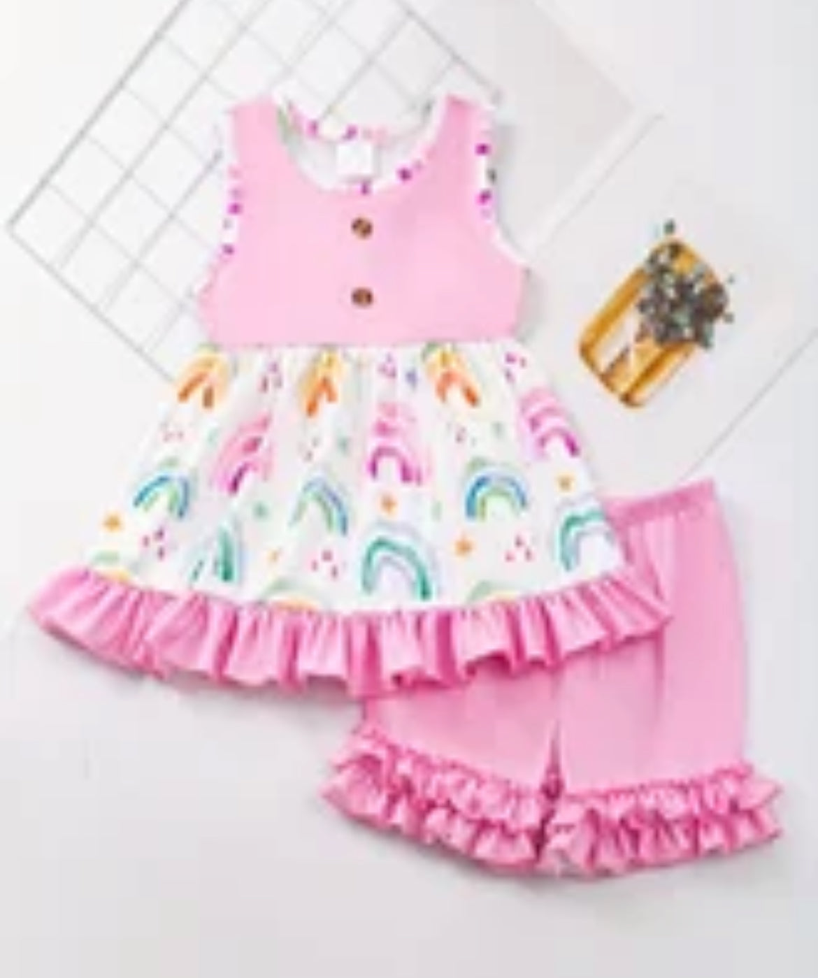 Rainbow Ruffle Short Set, girl's, kids, Pink, Milk Silk / SALE: Reg. 20.95