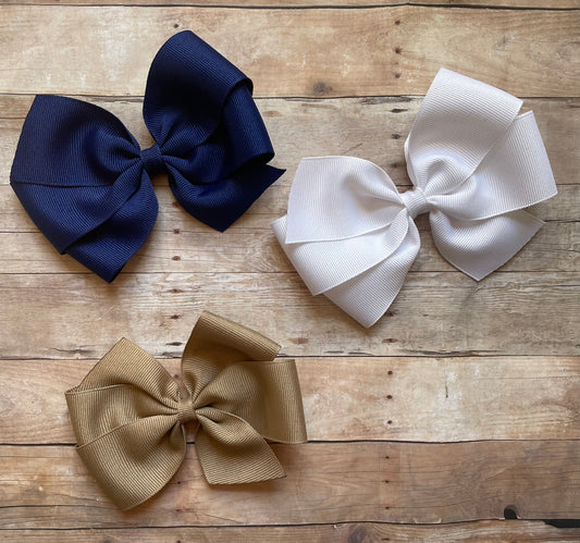 Back to School Hair Bows, Blue, White, Khaki, Tan, Girl, clip