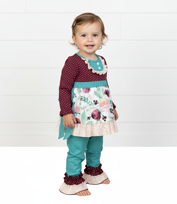Burgundy & Blue Polka Dot Ruffle Outfit, girl, clothing, kids