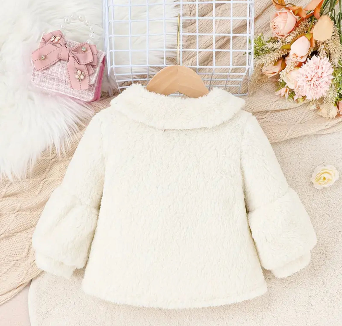 Fuzzy White Girl's Collared Coat, button, toddler, baby