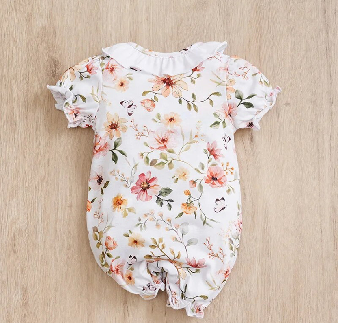 Peach Floral Short Sleeve Romper, girl, baby, onesie