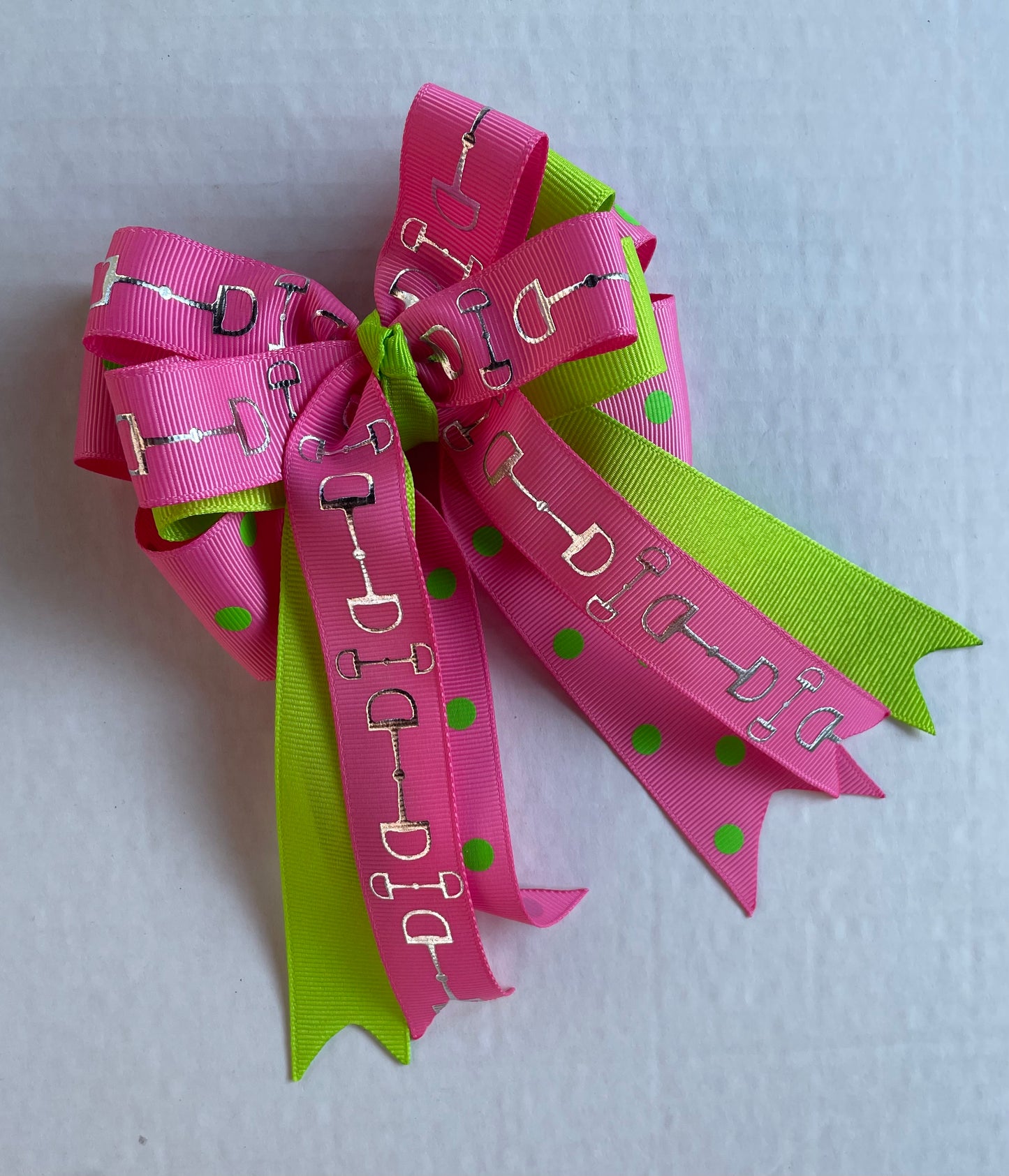 Equestrian Hair Bow, Tails, Horse Show, Bright Green, Pink Polka Dot