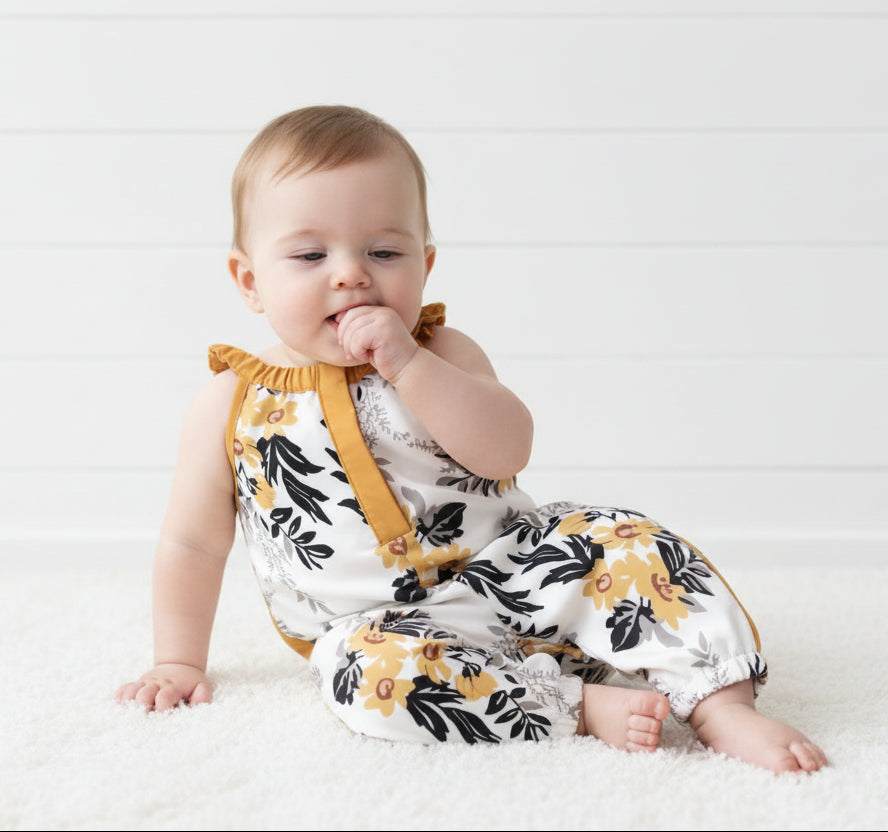 Gold & Green Floral Romper, girl, baby, Ruffle Collar, Infant - SALE