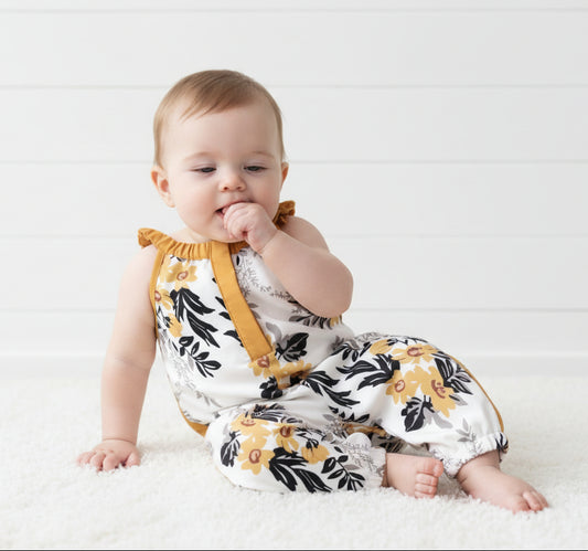 Gold & Green Floral Romper, girl, baby, Ruffle Collar, Infant - SALE