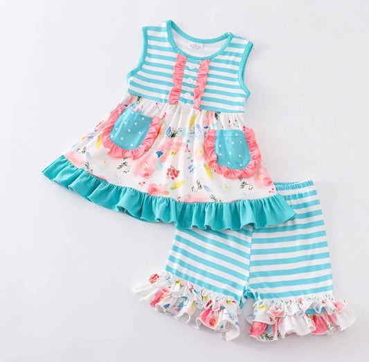 Turquoise Blue Flower Ruffle Short Set, girls, kids, clothing / SALE: Reg. $22.95