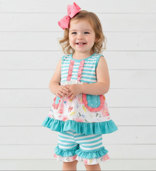 Aqua Blue Flower Ruffle Short Set, girls, kids, clothing