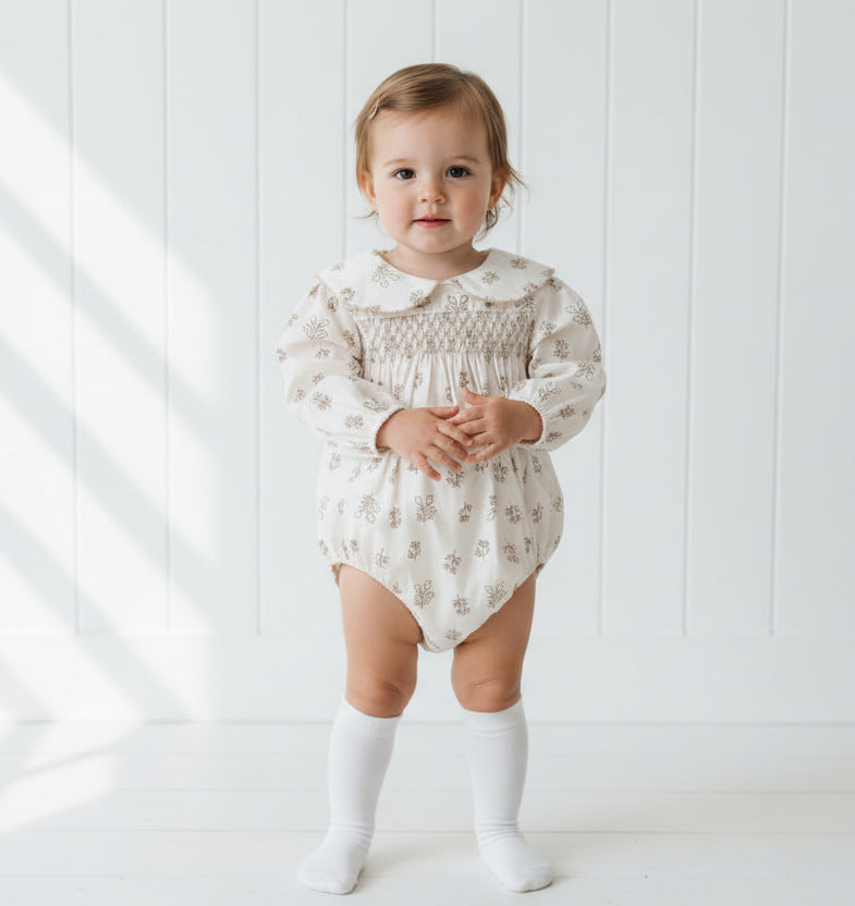 Khaki & Cream Smocked Long Sleeve Romper, Infant, girl, baby