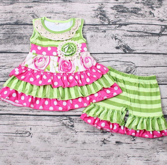 Pink & Green Striped Ruffle Short Set, Boutique, girl, roses / SALE: Reg. $22.95