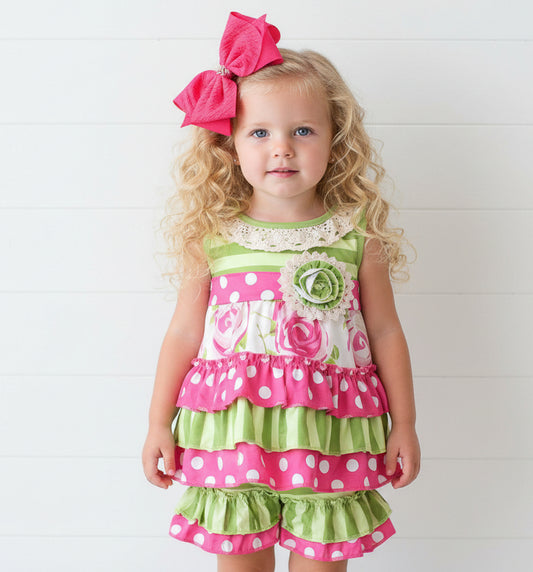 Pink & Green Striped Ruffle Short Set, Boutique, girl, roses