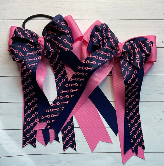 Equestrian Hair Bow, Tails, Horse Show, Navy Blue, Pink