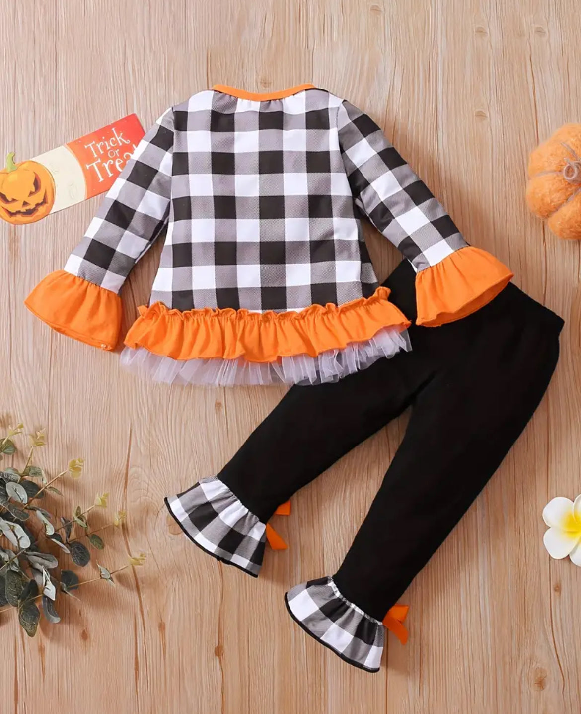 Pumpkin Plaid Girl's Ruffle Pant Set, Outfit, kids, Halloween, clothing / SALE: Reg. $21.95